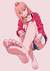 Rule 34 | 1girl, barefoot, chainsaw man, cross-shaped pupils, feet, foot focus, foreshortening, hair between eyes, highres, horns, long hair, parted lips, pink background, pink hair, pink sweater, power (chainsaw man), red horns, sharp teeth, shiren (ourboy83), simple background, smile, solo, sweater, symbol-shaped pupils, teeth, thigh grab, thighs, toenails, toes