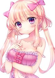 Rule 34 | 1girl, babydoll, bare shoulders, blonde hair, bow, breast hold, breasts, cleavage, frills, hair bow, highres, large breasts, looking at viewer, natsume asato, original, pink babydoll, pink bow, purple eyes, sidelocks, simple background, solo, strap slip, twintails, upper body, white background