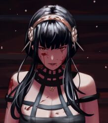 Rule 34 | 1girl, bare shoulders, black dress, black hair, blood, blood on arm, blood on breasts, blood on face, breasts, cleavage, close-up, closed mouth, commentary, dress, english commentary, gold hairband, hair bun, hairband, large breasts, looking at viewer, phos (s phos), red eyes, serious, short hair with long locks, solo, spy x family, upper body, yor briar