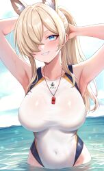 1girl animal_ear_fluff animal_ears armpits arms_up blonde_hair blue_archive blue_eyes blue_sky breasts cloud covered_navel day dog_ears grin highres kanna_(blue_archive) kanna_(swimsuit)_(blue_archive) large_breasts narijade one-piece_swimsuit sky slit_pupils smile solo swimsuit wading water whistle whistle_around_neck white_one-piece_swimsuit