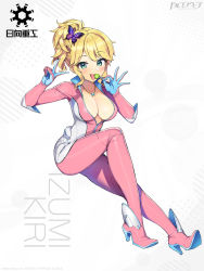 Rule 34 | absurdres, blonde hair, bodysuit, breasts, butterfly hair ornament, candy, cleavage, dolphin wave, food, green eyes, hair ornament, highres, izumi kiri, jewelry, lollipop, necklace, official art, ootomo takuji, open bodysuit, open clothes, peace symbol, pink bodysuit, simple background, skin tight, tongue, tongue out