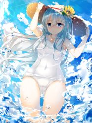 Rule 34 | 10s, 1girl, arms up, bare arms, bare shoulders, blue eyes, blue sky, blush, cameltoe, cloud, cloudy sky, collarbone, covered navel, day, dutch angle, flower, hair between eyes, hands on headwear, hat, hibiki (kancolle), highres, kantai collection, long hair, looking at viewer, niruanu (nitayam), nose blush, one-piece swimsuit, outdoors, parted lips, school swimsuit, sky, solo, standing, straw hat, sunflower, sunlight, swimsuit, tareme, wading, water, water drop, wavy mouth, white hair, white one-piece swimsuit, white school swimsuit