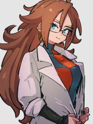 Rule 34 | 1girl, android 21, black nails, black sleeves, blue eyes, breasts, checkered clothes, checkered dress, closed mouth, dragon ball, dragon ball fighterz, dress, earrings, fingernails, glasses, grey background, hair between eyes, hoop earrings, jewelry, kemachiku, lab coat, long hair, looking at viewer, medium breasts, nail polish, red hair, simple background, smile, solo