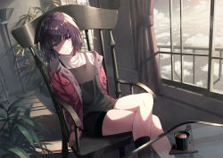 Rule 34 | 1girl, arms at sides, black dress, black hair, blush, chair, closed mouth, cloud, coffee, coffee cup, crossed legs, cup, curtains, disposable cup, dress, expressionless, eyes visible through hair, feet out of frame, hair between eyes, highres, indoors, jacket, koh rd, long sleeves, medium hair, mole, mole under eye, original, plant, purple eyes, red jacket, shaded face, shirt, sitting, sky, socks, solo, table, white shirt, window