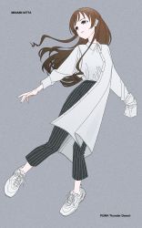 Rule 34 | 1girl, acubi tomaranai, asymmetrical sleeves, black pants, brown eyes, brown hair, character name, coat, collared coat, english text, fashion, full body, grey background, highres, idolmaster, idolmaster cinderella girls, long hair, long sleeves, looking afar, nitta minami, pants, parted lips, product placement, puma (brand), shoes, sidelocks, simple background, sleeves past fingers, sleeves past wrists, sneakers, solo, uneven sleeves, white coat, white footwear
