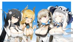 Rule 34 | 4girls, azur lane, between breasts, black hair, blonde hair, blue eyes, blue flower, blue gemstone, blue rose, breasts, cleavage, closed eyes, clothing cutout, detached collar, dress, elbow gloves, eyebrows hidden by hair, flower, formidable (azur lane), gem, gloves, gothic lolita, green eyes, grey hair, hair flower, hair on horn, hair ornament, hair ribbon, hand on another&#039;s shoulder, hat, highres, illustrious (azur lane), indomitable (azur lane), interlocked fingers, large breasts, laurel crown, lolita fashion, long hair, mole, mole under eye, multiple girls, necktie, necktie between breasts, playing with own hair, red eyes, revealing clothes, ribbon, rose, shoulder cutout, sun hat, tress ribbon, twintails, two-tone ribbon, unli free, very long hair, victorious (azur lane), white dress, white gloves, white hair