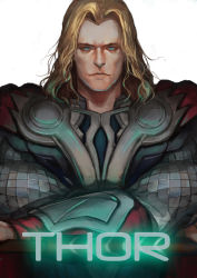 Rule 34 | 1boy, armor, blonde hair, blue eyes, cape, crossed arms, highres, long hair, looking at viewer, male focus, marvel, marvel cinematic universe, missingcat318, realistic, simple background, solo, text focus, thor (marvel), white background