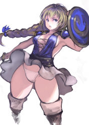 Rule 34 | 1girl, armor, blonde hair, blue eyes, braid, breasts, buckler, commentary request, cross-laced clothes, dress, highres, holding, holding sword, holding weapon, johan (johan13), long hair, medium breasts, namco, panties, pauldrons, shield, short dress, shoulder armor, simple background, single braid, solo, sophitia alexandra, soul calibur, sword, thick thighs, thighs, underwear, v-shaped eyebrows, weapon, white background, white panties