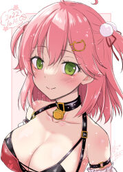 Rule 34 | 1girl, ahoge, alto seneka, bare shoulders, bell, blush, breasts, cleavage, collar, collarbone, dated, green eyes, hair ornament, highres, hololive, large breasts, looking at viewer, pink hair, sakura miko, smile, solo, tagme, upper body, virtual youtuber