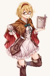 Rule 34 | 1girl, :q, blonde hair, book, boots, breasts, brown footwear, djeeta (granblue fantasy), dress, glasses, granblue fantasy, green ribbon, hairband, hand on own ass, highres, holding, holding book, looking at viewer, medium breasts, neck ribbon, open book, red-framed eyewear, red hairband, ribbon, semi-rimless eyewear, short dress, short hair, simple background, solo, sparkle, standing, standing on one leg, thigh boots, thighhighs, tongue, tongue out, under-rim eyewear, white background, white dress, yellow eyes, yuya (night lily)