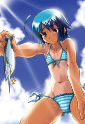Rule 34 | 1girl, :o, ahoge, bikini, blue bikini, blue hair, breasts, cameltoe, cloud, covered erect nipples, day, fish, foreshortening, from below, front-tie top, groin, holding, leaning forward, light rays, masamurai, one-piece tan, original, red eyes, short hair, side-tie bikini bottom, sky, small breasts, solo, string bikini, striped bikini, striped clothes, sunbeam, sunlight, swimsuit, tan, tanline, wet