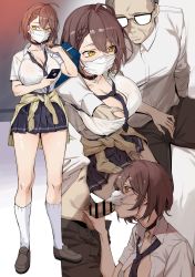 Rule 34 | 1boy, 1girl, absurdres, ahoge, azur lane, baltimore (after-school ace) (azur lane), baltimore (azur lane), banssee, braid, breasts, brown hair, choker, cleavage, clothes around waist, fellatio, fellatio under mask, french braid, glasses, highres, large breasts, mask, mouth mask, necktie, official alternate costume, old, old man, oral, penis, pleated skirt, school uniform, short hair, short sleeves, skirt, yellow eyes