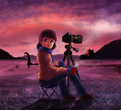 Rule 34 | 1girl, blue gloves, blue pants, blue scarf, brown jacket, camera, castle, chutohampa, cloud, cryptid, from behind, gloves, hat, jacket, loch ness monster, long sleeves, looking at viewer, looking back, original, pants, red theme, reflection, scarf, signature, solo, steam, water