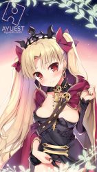 Rule 34 | 1girl, areola slip, bankoku ayuya, between breasts, black dress, black nails, blonde hair, blush, bow, breasts, cape, closed mouth, collarbone, cowboy shot, dress, earrings, ereshkigal (fate), fate/grand order, fate (series), glowing, gold trim, groin, hair bow, head tilt, jewelry, long hair, long sleeves, looking at viewer, nail polish, parted bangs, red bow, red cape, red eyes, skull, small breasts, smile, solo, standing, strap between breasts, tiara, tohsaka rin, twintails, very long hair, watermark, web address, wedgie