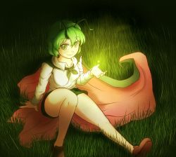 Rule 34 | 1girl, antennae, bare legs, cape, don9899, dress shirt, female focus, fireflies, grass, green eyes, green hair, highres, knee up, loafers, looking at viewer, matching hair/eyes, no socks, open hand, outdoors, shirt, shoes, short hair, shorts, sitting, sitting on object, smile, solo, touhou, wriggle nightbug