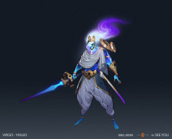 Rule 34 | 1boy, alternate costume, artist name, barefoot, blue skin, claws, clothing request, collarbone, colored skin, floating, floating object, gradient hair, grey pants, hair over one eye, holding, holding sword, holding weapon, league of legends, long hair, looking at viewer, male focus, multicolored hair, no pupils, pants, purple hair, see you, solo, space print, standing, starry sky print, sword, unsheathed, virgo (zodiac), weapon, white hair, yasuo (league of legends), zodiac