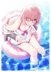 Rule 34 | 1girl, bare shoulders, bee doushi, blush, breasts, cleavage, collarbone, commentary request, eyes visible through hair, fate/grand order, fate (series), from above, glasses, hair over one eye, highres, in water, innertube, large breasts, looking at viewer, mash kyrielight, mash kyrielight (swimsuit of perpetual summer), official alternate costume, purple eyes, short hair, sitting, smile, solo, swim ring