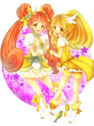 Rule 34 | 10s, 2girls, bad id, bad pixiv id, bike shorts, blonde hair, blush, boots, bow, brooch, brown eyes, brown hair, choker, color connection, copyright name, cure peace, cure rosetta, dokidoki! precure, double bun, dress, flower, full body, hair bun, hair flaps, hair flower, hair ornament, hair ribbon, heart, heart brooch, highres, holding hands, kise yayoi, knee boots, long hair, magical girl, multiple girls, precure, purple background, ribbon, shorts, shorts under skirt, skirt, smile, smile precure!, star (symbol), starry background, totogami toto, twintails, waist bow, yellow dress, yellow eyes, yellow shorts, yellow skirt, yotsuba alice