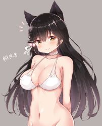 Rule 34 | 1girl, akino ell, animal ears, atago (azur lane), atago (summer march) (azur lane), azur lane, bad id, bad pixiv id, black hair, blush, bottomless, bra, breasts, brown eyes, choker, cleavage, closed mouth, grey background, groin, hair ribbon, highres, large breasts, long hair, looking at viewer, navel, out-of-frame censoring, ribbon, simple background, smile, solo, twitter username, underwear, white bra, white neckwear, white ribbon