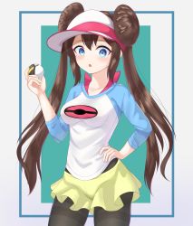 Rule 34 | 1girl, :o, absurdres, aceblitz, bad id, bad pixiv id, blue eyes, blush, bow, breasts, brown hair, commentary, cowboy shot, creatures (company), double bun, game freak, hair bun, hand on own hip, highres, holding, holding poke ball, long hair, looking at viewer, nintendo, open mouth, pantyhose, pantyhose under shorts, pink bow, poke ball, pokemon, pokemon bw2, raglan sleeves, rosa (pokemon), short shorts, shorts, solo, twintails, ultra ball, visor cap, yellow shorts