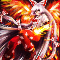 Rule 34 | 1girl, absurdly long hair, ascot, blunt bangs, bow, closed mouth, collared shirt, commentary request, expressionless, fiery wings, fire, foot out of frame, frilled shirt collar, frills, fujiwara no mokou, hair bow, long hair, long sleeves, looking at viewer, mogukk, ofuda, ofuda on clothes, pants, red ascot, red eyes, red footwear, red pants, shirt, solo, suspenders, touhou, very long hair, white bow, white hair, white shirt, wings