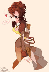 Rule 34 | &gt;;o, 1girl, beige background, belt, breasts, brown eyes, brown hair, brown jacket, brown pantyhose, brown theme, cleavage, cropped jacket, cropped legs, curly hair, disney, disneyland, eyelashes, fur trim, hand on own hip, heart, jacket, jewelry, long hair, long sleeves, looking at viewer, medium breasts, nail polish, namazu (dc 27546), necklace, one eye closed, open clothes, open jacket, orange nails, pantyhose, pretty scar, recruiters (disney), red lips, signature, skirt, solo, speech bubble, stitches, thigh gap, tooth necklace, v-shaped eyebrows, ||/
