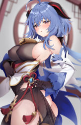 Rule 34 | 1girl, absurdres, ahoge, ass, bare shoulders, bell, black gloves, blue hair, blush, bodystocking, breasts, brown pantyhose, butt crack, covered erect nipples, detached sleeves, dress, ganyu (genshin impact), genshin impact, gloves, highres, horns, large breasts, long hair, looking at viewer, pantyhose, pelvic curtain, purple eyes, thighs, togo (korlsj1235), torn clothes, white dress