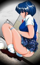 Rule 34 | 1girl, artist request, ass, blue hair, blue panties, blue skirt, blue sweater vest, blush, bow, bowtie, breasts, brown footwear, closed eyes, dutch angle, from behind, large breasts, open mouth, panties, panty pull, peeing, plaid, plaid skirt, red bow, red bowtie, restroom, school uniform, shirt, shoes, short hair, short sleeves, skirt, socks, solo, squat toilet, squatting, sweat, sweater vest, toilet, toilet paper, toilet stall, toilet use, trash can, underwear, white shirt, white socks