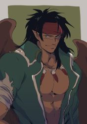 Rule 34 | 1boy, bare pectorals, black hair, brown eyes, brown wings, closed mouth, collared jacket, commentary request, dark-skinned male, dark skin, feather necklace, fire emblem, fire emblem: path of radiance, fire emblem: radiant dawn, green background, green jacket, headband, highres, jacket, jewelry, long hair, male focus, necklace, nintendo, open clothes, open jacket, pectoral cleavage, pectorals, pointy ears, sa (3hsgm), scar, scar on face, simple background, smile, solo, tibarn (fire emblem), upper body, wings