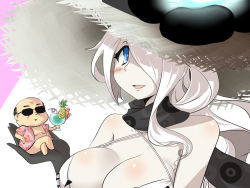 Rule 34 | 1boy, 1girl, abyssal ship, blue eyes, blush, breasts, cleavage, comic, commentary request, dress, drinking straw, flower, food, fruit, glowing, goma (gomasamune), hair over one eye, hat, hawaiian shirt, highres, holding person, kantai collection, large breasts, long hair, pineapple, scarf, seaport summer princess, shirt, short sleeves, sidelocks, sleeveless, sleeveless dress, smile, sundress, sunglasses, white hair