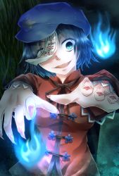 Rule 34 | 1girl, blue eyes, blue hair, breasts, chinese clothes, fingernails, flat cap, hat, highres, hitodama, hokuto shigure, looking at viewer, matching hair/eyes, medium breasts, miyako yoshika, night, ofuda, one eye covered, outdoors, outstretched arms, sharp fingernails, short hair, solo, star (symbol), touhou, upper body, willow, zombie pose