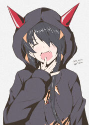 Rule 34 | 1girl, artist name, asymmetrical hair, black hair, black sweater, closed eyes, cone horns, dated, fang, grey background, hair over one eye, highres, hood, hooded sweater, horns, kako (kancolle), kantai collection, long hair, official alternate costume, simple background, solo, sweater, taira yuuki, upper body, yawning