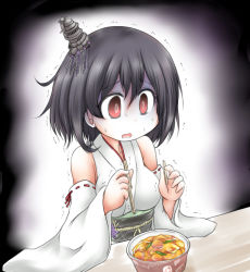 Rule 34 | 10s, 1girl, bare shoulders, black hair, bowl, breasts, chopsticks, commentary request, detached sleeves, eyebrows, failure, hair between eyes, hair ornament, holding, japanese clothes, kantai collection, medium breasts, nontraditional miko, obi, ouno (nounai disintegration), sash, shaded face, short hair, sitting, solo, sweatdrop, trembling, upper body, wide sleeves, yamashiro (kancolle)