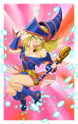 Rule 34 | 1girl, absurdres, adjusting clothes, adjusting headwear, bare shoulders, blonde hair, blue eyes, blue leotard, blush, breasts, cleavage, dark magician girl, hat, highres, holding, holding staff, large breasts, leotard, leotard under clothes, long hair, looking at viewer, magical girl, medium hair, pink skirt, skirt, solo, staff, unknownid, very long hair, wide hips, witch hat, yu-gi-oh!