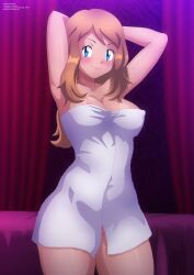 Rule 34 | 1girl, absurdres, arms up, bed, blue eyes, blush, breasts, brown hair, cleavage, collarbone, creatures (company), curtains, game freak, highres, large breasts, long hair, looking at viewer, naked towel, nintendo, nude, pokemon, pokemon (anime), pokemon xy (anime), serena (pokemon), smile, standing, towel, zel-sama