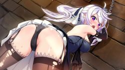 Rule 34 | 1girl, against wall, ass, bent over, black panties, clothes lift, dress, elbow gloves, garter straps, gloves, highres, long hair, looking back, official art, open mouth, panties, prison princess, purple eyes, skirt, skirt lift, solo, thighhighs, torn clothes, underwear, white hair, yamacchi, zena (prison princess)