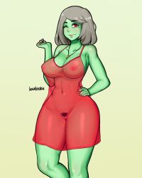 Rule 34 | 1girl, absurdres, breasts, colored skin, cross, cross necklace, dress, fang, fangs, female pubic hair, green skin, grey hair, hand on own hip, highres, jewelry, large breasts, lewdnobu, mature female, nail polish, navel, necklace, nipples, one eye closed, orc, pubic hair, pussy, red dress, red eyes, red nails, see-through, short hair, simple background, sleeveless, sleeveless dress, solo, tagme, uncensored, wide hips