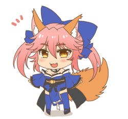 Rule 34 | 1girl, ^^^, afuro, animal ear fluff, animal ears, bare shoulders, blue kimono, blue legwear, blue ribbon, blush, blush stickers, breasts, chibi, cleavage, commentary, commentary request, detached sleeves, fangs, fate/grand order, fate (series), fox ears, fox girl, fox tail, full body, hair ribbon, japanese clothes, kimono, large breasts, long hair, looking at viewer, open mouth, pink hair, ribbon, solo, standing, surprised, tail, tamamo (fate), tamamo no mae (fate/extra), white background, yellow eyes