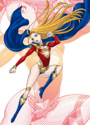 Rule 34 | 1girl, attack, blonde hair, blue cape, blue eyes, blue footwear, blush, boots, breasts, cape, center opening, cleavage, cleavage cutout, clenched hands, clothing cutout, eighth wonder, floating hair, flying kick, full body, halftone, haruka clara, high heel boots, high heels, kicking, knee boots, leg lift, legs apart, leotard, long hair, long sleeves, looking down, looking to the side, medium breasts, red leotard, shoulder pads, skin tight, solo, star (symbol), superhero costume, tamaki nozomu, toned, uchi no musume ni te wo dasuna!, underboob cutout, very long hair, white background, zoom layer