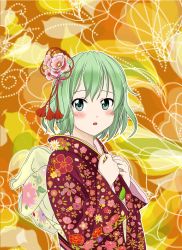 Rule 34 | 1girl, alternate costume, blush, dress, floral print, flower, green eyes, green hair, hair flower, hair ornament, hands on own chest, highres, japanese clothes, kimono, long sleeves, looking at viewer, matching hair/eyes, multicolored background, obi, parted lips, print dress, print kimono, reimei (r758120518), sash, short hair, soga no tojiko, solo, touhou, upper body