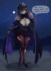 Rule 34 | 1girl, absurdres, alternate breast size, azur lane, black hair, borvar, bra, breasts, cleavage, cleavage cutout, cloak, clothing cutout, cosplay, creatures (company), crossover, english text, full body, full moon, game freak, graf zeppelin (azur lane), graf zeppelin (azur lane) (cosplay), hair between eyes, hat, hex maniac (pokemon), high heels, highres, huge breasts, lace, lace-trimmed bra, lace trim, legs together, long hair, moon, narrow waist, night, nintendo, pantyhose, peaked cap, pleated skirt, pokemon, pokemon xy, purple eyes, sagging breasts, skirt, solo, speech bubble, standing, torn clothes, torn pantyhose, underwear, wide hips