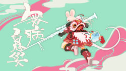 Rule 34 | 1girl, animal ears, boots, chinese zodiac, coat, from behind, green background, gun, highres, holding, holding gun, holding weapon, mask, mouse ears, mouse tail, mouth mask, red coat, red eyes, red footwear, rifle, ryota-h, sniper rifle, solo, syringe gun, tail, weapon, year of the rat