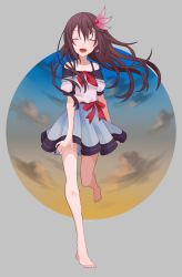 Rule 34 | 1girl, bad id, bad pixiv id, barefoot, blue skirt, brown hair, closed eyes, cloud, commentary request, facing viewer, full body, gradient sky, grey background, hair ornament, highres, kantai collection, kisaragi (kancolle), kujiramaru, long hair, official alternate costume, sailor collar, sailor shirt, shirt, simple background, skirt, sky, smile, solo, striped clothes, striped skirt, white shirt