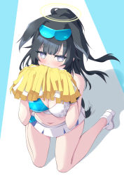 Rule 34 | 1girl, bare shoulders, black hair, blue archive, blue background, blue eyes, blush, breasts, bright pupils, cleavage, covering own mouth, crop top, embarrassed, full body, goggles, goggles on head, halo, head wings, hibiki (blue archive), hibiki (cheer squad) (blue archive), highres, holding, kneeling, kuro (be ok), large breasts, long hair, looking at viewer, millennium cheerleader outfit (blue archive), miniskirt, navel, official alternate costume, pom pom (cheerleading), shoes, skirt, sneakers, solo, two-tone background, white background, white footwear, white skirt, wings