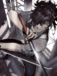 Rule 34 | 1boy, black hair, commentary request, fate/grand order, fate (series), gloves, hair over one eye, highres, holding, holding weapon, katana, long hair, long sleeves, looking at viewer, male focus, okada izou (fate), open mouth, ponytail, semi finalfight, smile, solo, sword, weapon
