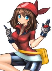Rule 34 | 1girl, bandana, bike shorts, black shorts, blue eyes, blush, breasts, brown hair, creatures (company), dakusuta, fanny pack, game freak, gloves, highres, holding, holding poke ball, index finger raised, large breasts, long hair, looking at viewer, may (pokemon), nintendo, poke ball, poke ball (basic), pokemon, pokemon rse, red bandana, shorts, simple background, solo, white background