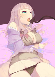 Rule 34 | 1girl, bare shoulders, black bra, black panties, blush, bra, breasts, cleavage, demon tail, eightman, female focus, large breasts, licking, licking tail, long hair, no pants, off shoulder, open mouth, panties, patchouli knowledge, purple hair, ribbon, saliva, sexually suggestive, solo, tail, tongue, tongue out, touhou, underwear