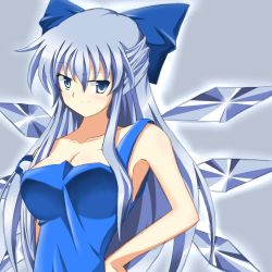 Rule 34 | 1girl, alternate breast size, alternate costume, alternate hair length, alternate hairstyle, armpits, blue dress, blue eyes, blue hair, breasts, cirno, collarbone, dress, hair ribbon, half updo, hands on own hips, highres, ice, ice wings, large breasts, looking at viewer, mokkori9, naughty face, aged up, ribbon, smile, solo, strap slip, touhou, tsurime, wings