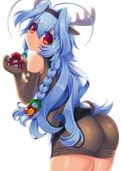 Rule 34 | 1boy, androgynous, animal costume, animal ears, antenna hair, antlers, ass, bare shoulders, blue hair, blush, braid, christmas, elbow gloves, fake animal ears, fake antlers, from behind, gloves, hairband, horns, htkku, long hair, looking at viewer, male focus, original, parted lips, red eyes, reindeer costume, shiny clothes, shiny skin, short shorts, shorts, simple background, solo, symbol-shaped pupils, tail, trap, twin braids, white background