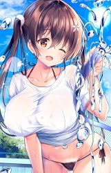Rule 34 | 1girl, :d, bad id, bad twitter id, bikini, black bikini, blue sky, breasts, brown eyes, brown hair, bush, cameltoe, chain-link fence, cleft of venus, cloud, collarbone, comic cune, commentary, crossed bangs, day, fence, flower, gluteal fold, hair flower, hair ornament, holding, holding hose, hose, kurou (quadruple zero), large breasts, looking at viewer, navel, one eye closed, open mouth, outdoors, pool, shirakawa kokona, shirt, sky, smile, solo, standing, swimsuit, thigh gap, twintails, watashi no tame ni nuginasai!, water, water drop, wet, white shirt